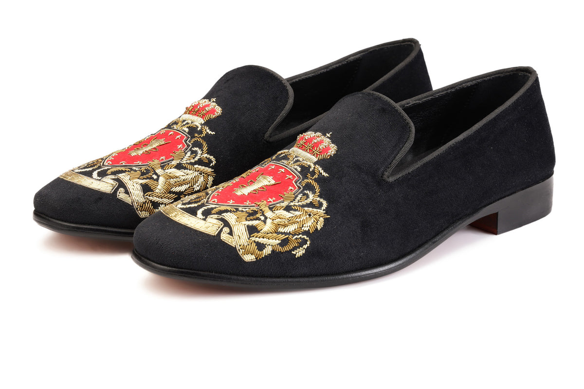 Men\'s Herring Monarch Black Velvet Loafers with Embroidered Crest Men Black Velvet Embroidered Loafers Slipons Shoes | Groom  main image 2