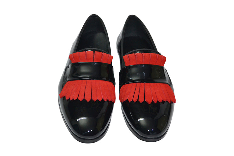 Black Patent Red Fringes