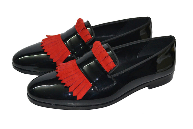 Black Patent Red Fringes